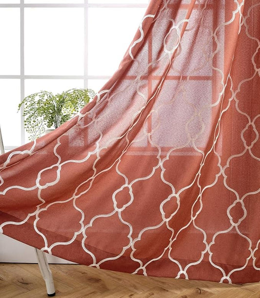 MIUCO Moroccan Embroidered Semi Sheer Curtains Faux Linen Extra Wide Grommet Window Panel Pair for Bedroom 52 x 95 Inch, Rust