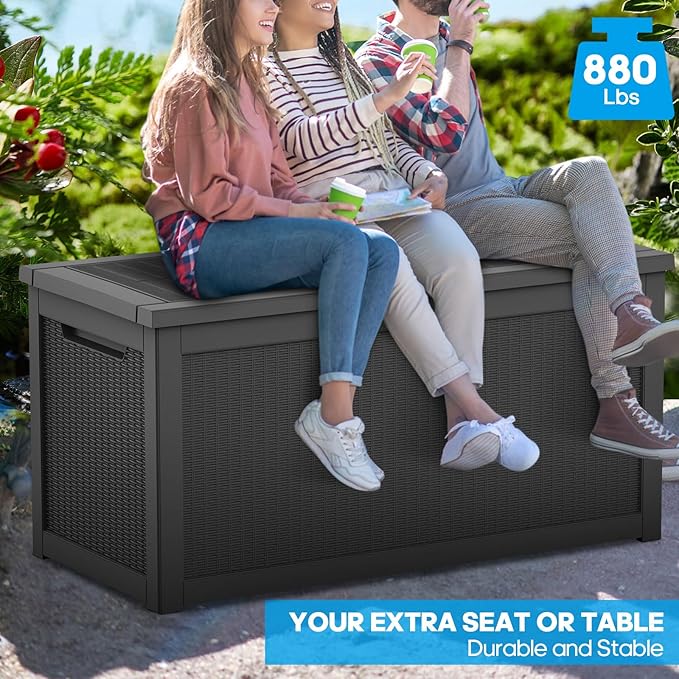 Large Deck Box 260 Gallon, Resin Patio Storage Box with Lockable Lid for Patio Furniture, Garden Tools, Pool Accessories, Weatherproof Outdoor Storage Bin, Black