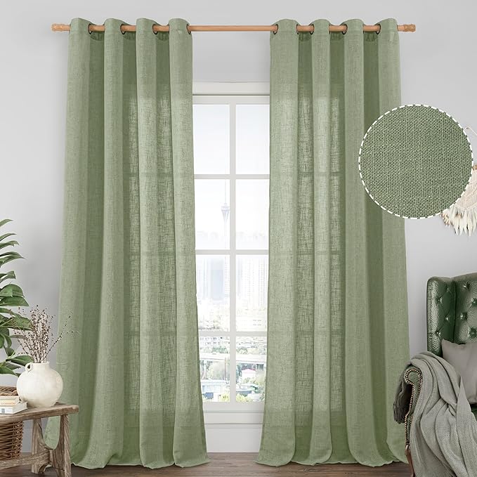 LAMIT Linen Curtains 102 Inches Long for Living Room, Bronze Grommet Linen Textured Sheer Curtains Light Filtering Drapes for Boho Farmhouse, 2 Panels, 52 x 102 Inch, Sage Green