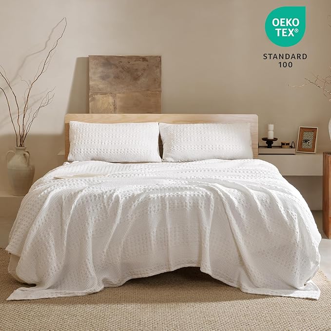 PHF 100% Cotton Waffle Weave Blanket King Size, Soft Lightweight Breathable Cozy Summer Blankets for Bed, Luxury Aesthetic Woven Bedding for Home Decor, 108"x90", White
