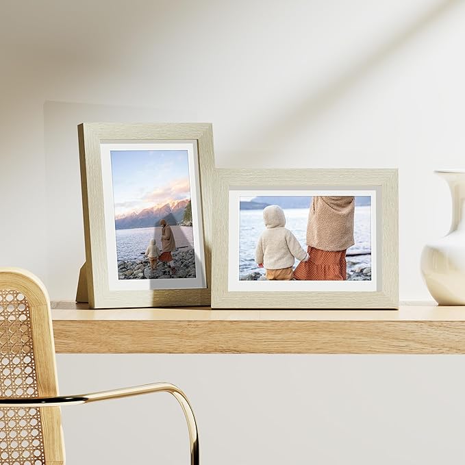 Vittanly 5x7 Picture Frames Set of 9, Shatter Resistant Plexiglass, Display 4x6 Pictures with Mat or 5x7 without Mat, Photo Frames for Wall or Tabletop, Engineered Wood, Cornsilk