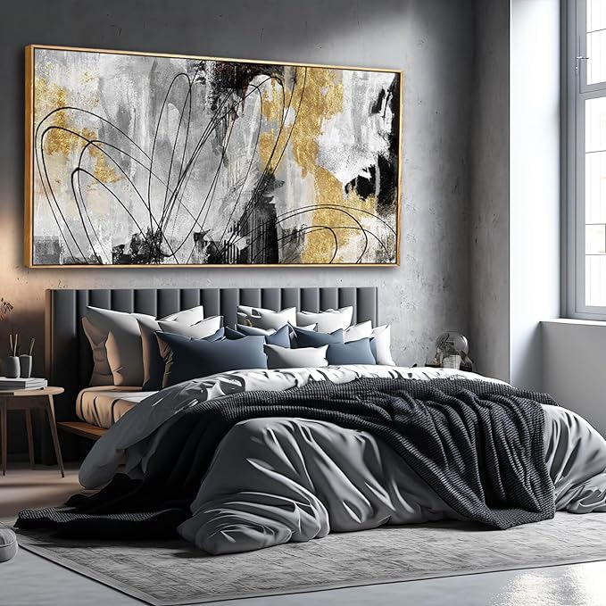 Large Canvas Wall Art Gold Abstract Paintings 29x58 Inch Wooden Framed Artwork Black Line Painting for Bedroom Bathroom Home Decor