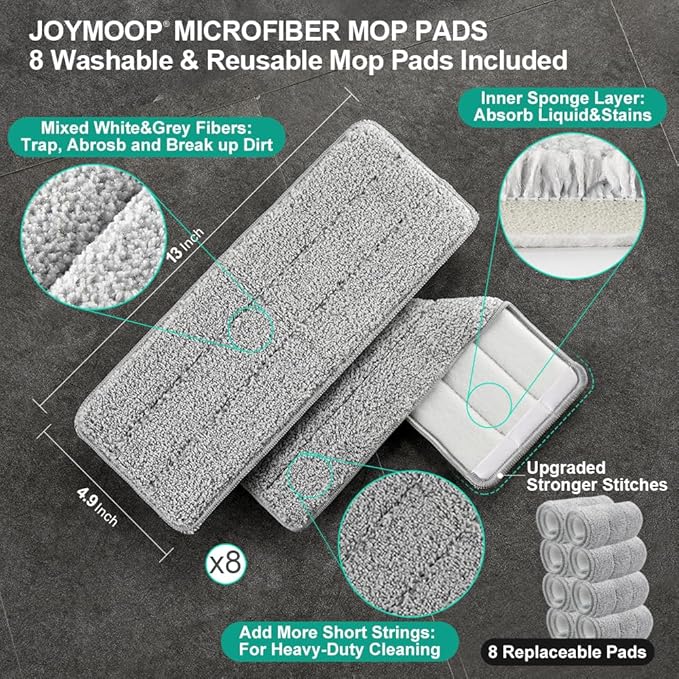 JOYMOOP Mop and Bucket Set, Dust Mops for Floor Cleaning, Wall Mop with 8 Microfiber Mop Head Replacement