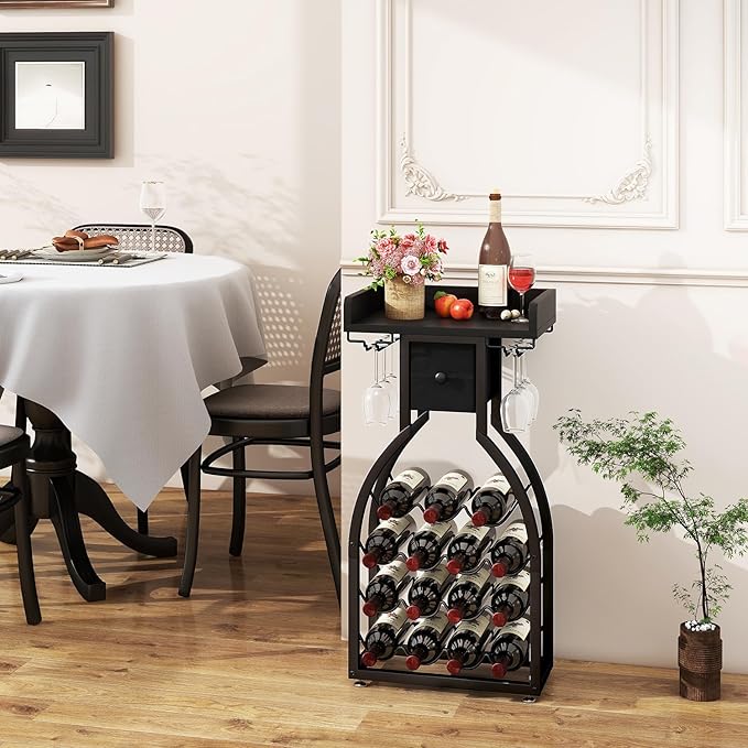 IBUYKE Wine Rack Freestanding Floor,Wine Storage 15 Bottles Bottle Rack with Glass Holders, Mini Bar Wine Cabinet with Storage Drawer for Home Bar Kitchen Dining Room,Black,UTMJ908B