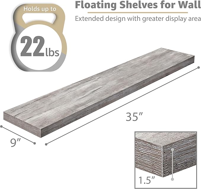 Sorbus Floating Shelves for Wall - 35 Inch Long Bathroom Shelves, Wall Decor for Bedroom, Kitchen, Living Room & Book Storage - Mounted Floating Shelf with Invisible Brackets (Gray, 2 Pack)