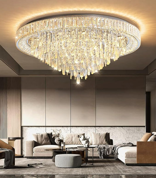 Crystal Chandeliers Modern LED Dimmable Flush Mount Ceiling Chandeliers for Living Room High Ceiling Entrance Foyer Bedroom Dining Room