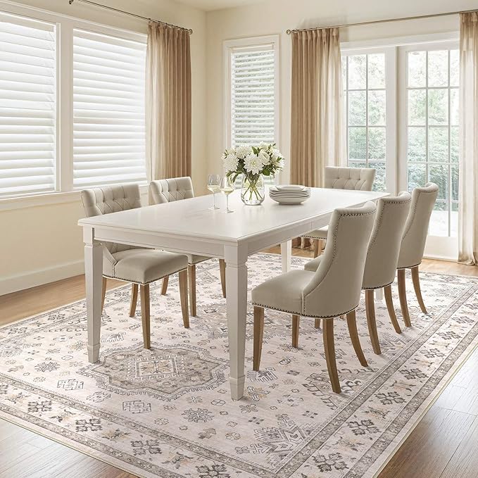 Washable Area Rugs for Living Room -10x12 Neutral Vintage Distressed Floral Farmhouse Boho Large Soft Floor Rug Indoor Non Slip Carpet for Living Room Bedroom Dining Room Office-Beige Brown