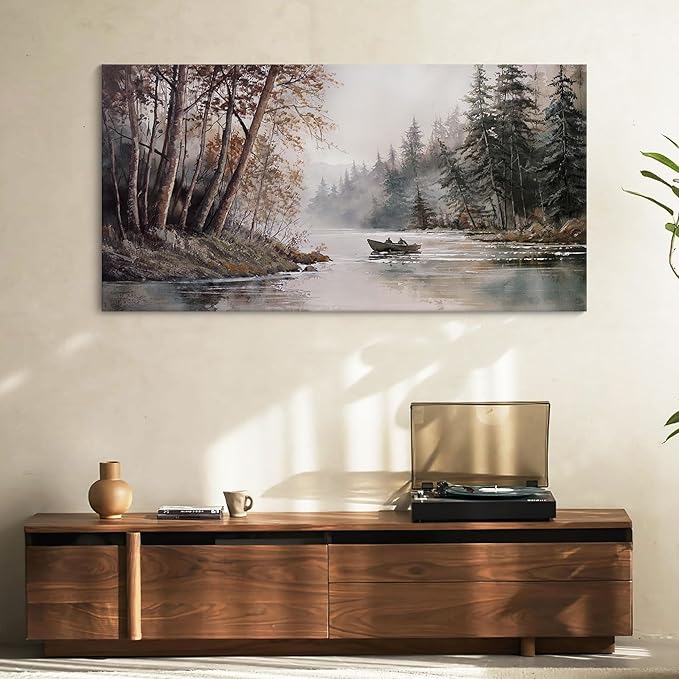 HGUAOA Mountain Canvas Wall Art Rustic Lake Landscape - Nature & Forest Scenery Paintings Pictures for Living Room & Bedroom Wall Decor Vintage Artwork for Walls