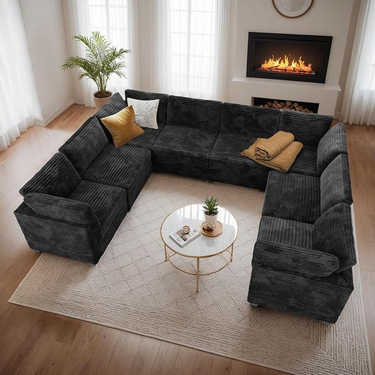 Modular Sectional Sofa with Chaise U Shaped Sectional Couch for Living Room, 8-Seater Comfy Cloud Couches, Plush Corduroy, Black