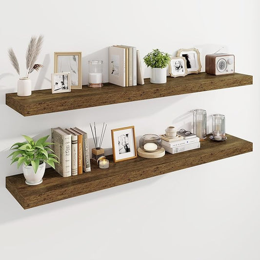 Marsmiles 55" Floating Shelves for Wall, Wooden Shelves with Invisible Brackets Set of 2, Rustic Farmhouse Wall Mounted Shelf for Kitchen Bathroom Living Room Study, Rustic Brown