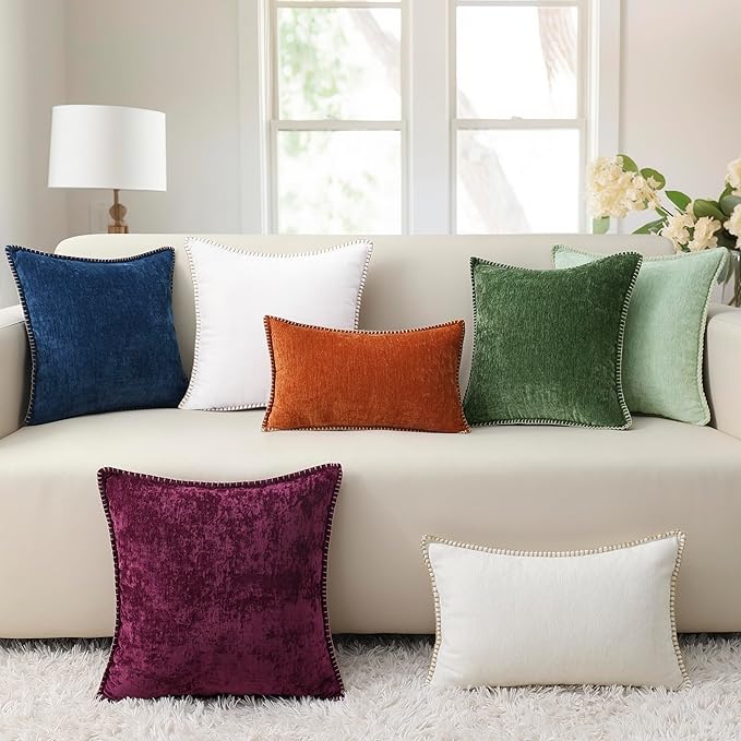 decorUhome Chenille Soft Throw Pillow Covers 18x18 Set of 2, Farmhouse Velvet Neutral Decorative Euro Pillow Covers with Stitched Edge for Couch Sofa Bed Home Decor, Rhododendron