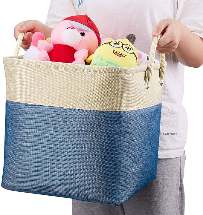 i BKGOO 3Pack Large Foldable Storage Bins，Collapsible Sturdy Cationic Fabric Organizing Storage Basket Cube with Cotton Handles for Home Office Shelf Clothes Toys Khaki-Blue 13×13×13 inch