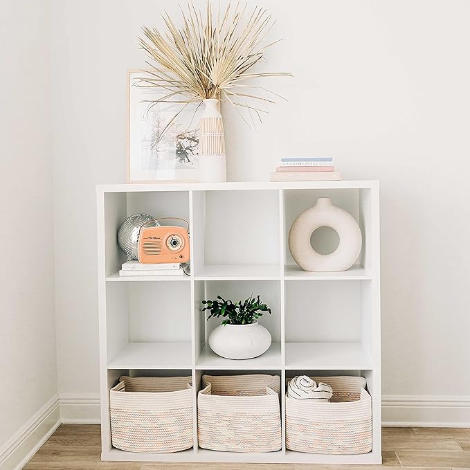 OrganiHaus Set of 3 Woven Storage Baskets for Organizing, Cotton Rope Organizer Bins for Shelves, Closet & Nursery, Dog Toy Basket, Decorative Bins for Toys, Towels & Books - 15x10x9, Rainbow Stitches