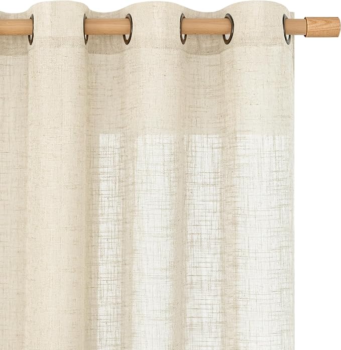LAMIT Beige Linen Sheer Curtains 90 inch for Living Room, Soft Thick Bronze Grommet Light Filtering Boho Window Textured Neutral Drapes for Bedroom Farmhouse, 2 Panels Set, 52 x 90 Inch