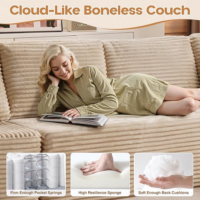 Cloud Sectional Couches for Living Room,U Shaped Modular Sofas No Assembly,135x107 Inches Plush Corduroy Oversized Floor Couch Set with Deep Seat Chaise,Beige