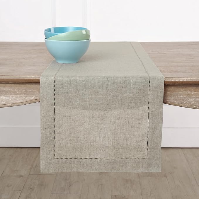 Solino Home Linen Natural Table Runner 156 Inches Long - 100% Pure Linen Extra Long Table Runner 14 x 156 Inch for Fall, Autumn, Thanksgiving - Classic Hemstitch