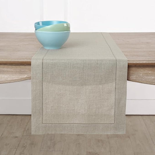 Solino Home Linen Natural Table Runner 48 Inches - Classic Hemstitch, 100% Pure Linen Coffee Table Runner 14 x 48 Inch Ideal for Dresser Tables - Fall, Autumn, Halloween, Thanksgiving