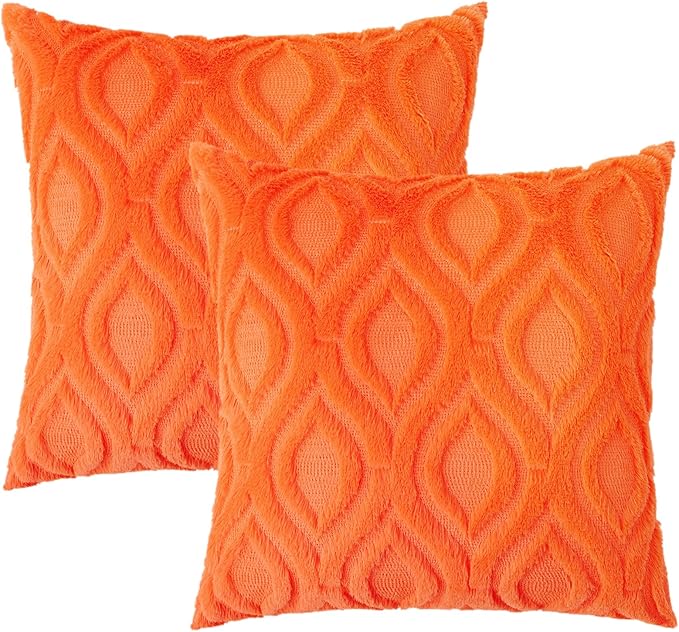 decorUhome Fall Throw Pillow Covers 20x20 Inch Set of 2, Soft Plush Decorative Faux Fur Orange Solid Couch Pillow Covers, Accent Farmhouse Neutral Square Euro Pillow Cases for Sofa Bed Living Room