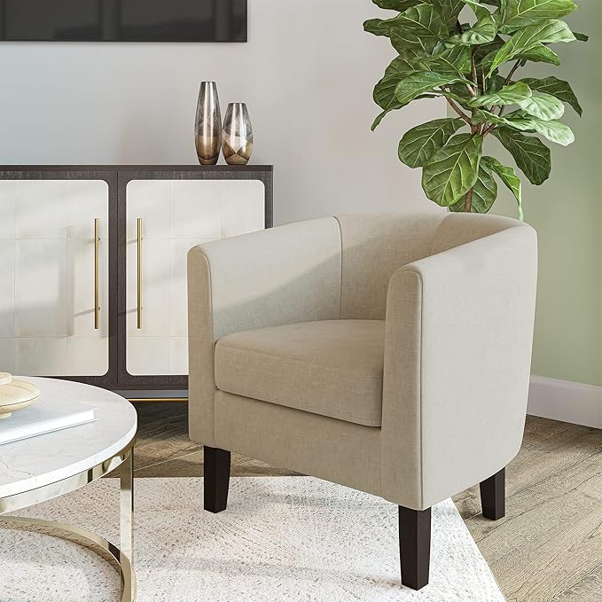 BELLEZE Accent Barrel Chair, Set of 2 Faux Leather Round Club Tub Sofa Corner Chair with Flared Legs and Cozy Soft Padding for Living Room Bedroom Waiting Room - Beige