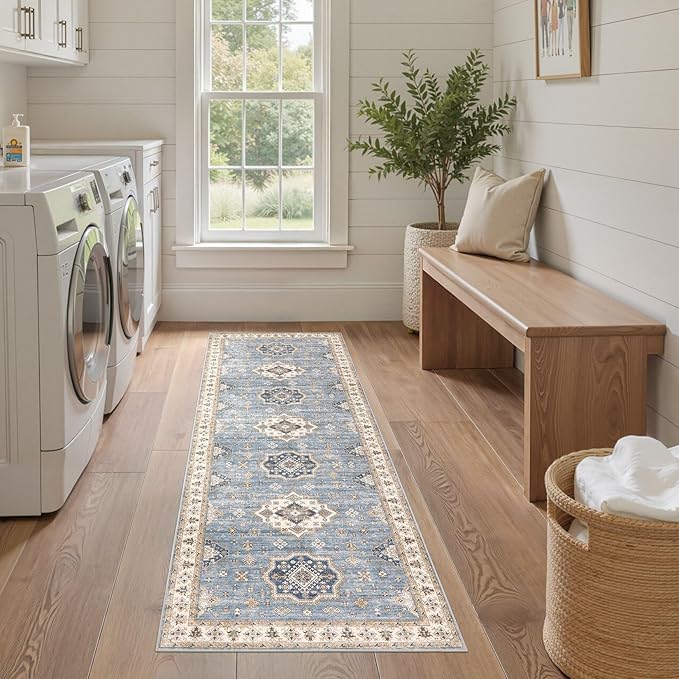 Washable 2x6 Runner Rug - Area Rugs Neutral Vintage Distressed Floral Farmhouse Boho Large Soft Floor Rug Indoor Carpet for Hallway Entryway Bedroom Kitchen - Blue