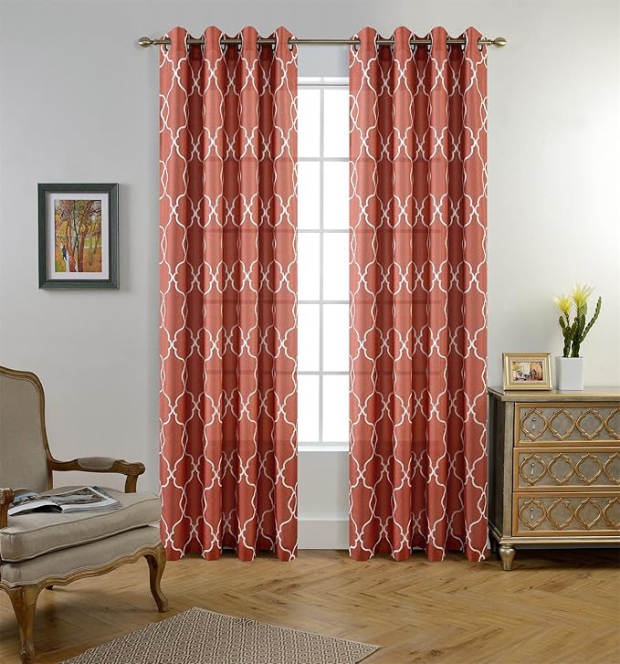 MIUCO Moroccan Embroidered Semi Sheer Curtains Faux Linen Extra Wide Grommet Window Panel Pair for Bedroom 52 x 95 Inch, Rust