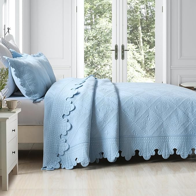 MarCielo 3-Piece 100% Cotton Oversized Bedspread Lightweight Quilt Coverlet Embroidery Farmhouse Bedding Set (TK Light Blue, Oversized King (118"x106"))