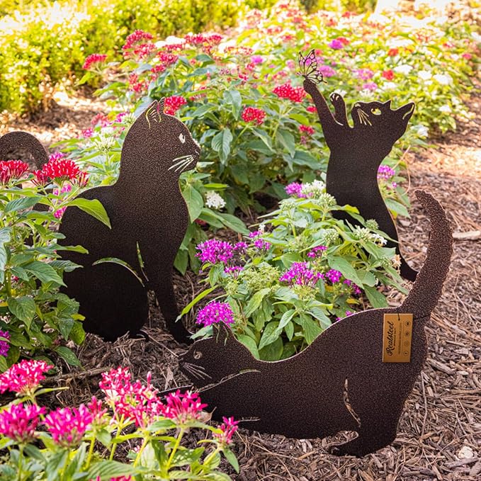 RealSteel I 3 Pack Steel Cat Garden Decor I Outdoor Yard Decorations I Gift for Cat Lovers I Lawn Ornaments and Statues I Garden Signs Decorative Outdoor - Textured Silver