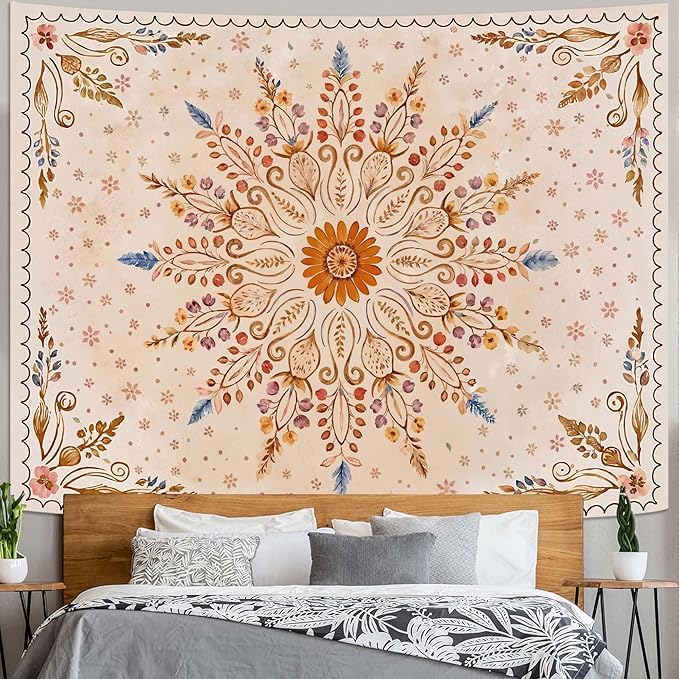 Fowocu Boho Floral Mandala Tapestry for Bedroom Aesthetic Watercolor Bohemian Flower Wall Tapestry Brown Beige Hippie Indian Large Tapestries Wall Hanging for Living Room Dorm Decor 80 x 60 Inch