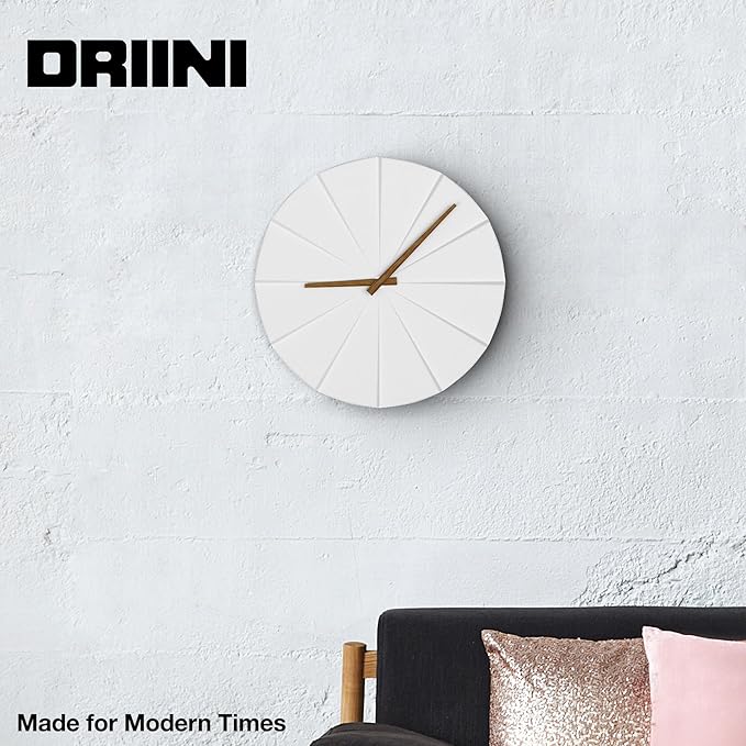 Driini Staircase Modern Wall Clock - Unique 10.5 in. Frameless Concrete Design - Contemporary, Minimalist Decor; No Numbers - Silent Battery Operated Clocks with Decorative Wooden Hands; White