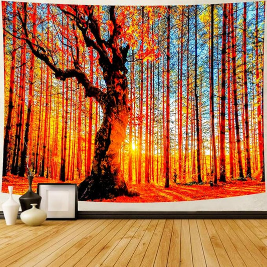 Delur Sunset Forest Tapestry Tree of Life Tropical Rainforest Landscape Tapestry Wall Hanging Scenic Nature Woodland Natural Sunrise Headboard for Bedroom Living Room Home Decor (51.2" x 59.1")