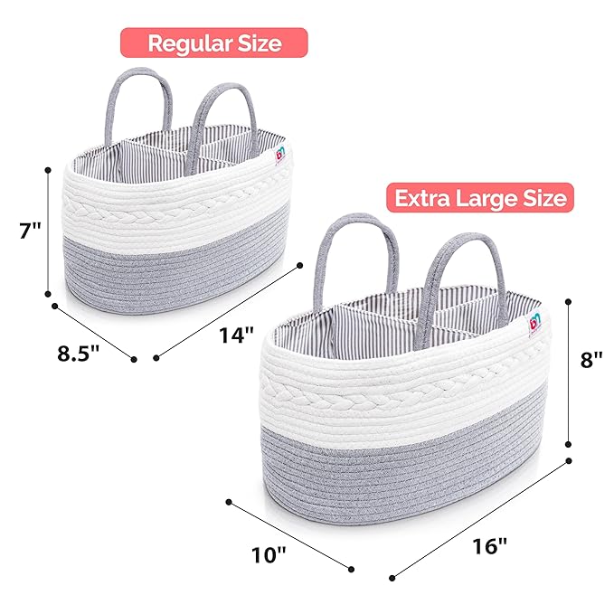Rope Diaper Caddy - Storage for Baby and Toddler Items - Portable Cotton Organizer Easily Holds Diapers, Wipes, Clothing - Useful for Nursery, Bedroom (Gray, Regular)
