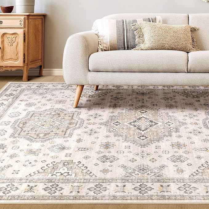Washable Area Rugs for Living Room - 5x7 Neutral Vintage Distressed Floral Farmhouse Boho Large Soft Floor Rug Indoor Non Slip Carpet for Living Room Bedroom Dining Room Office - Beige Brown