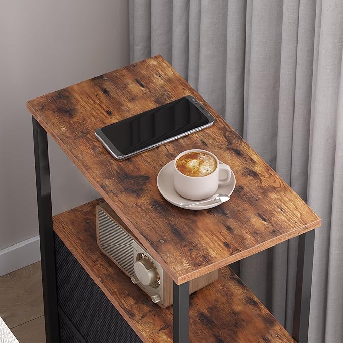 TUTOTAK Narrow Night Stand, Slim End Table, Tall Side Table with 3 Fabric Drawer, Small Bedside Table with Storage, Set of 2, for Living Room, Bedroom, Brown TB01BB072