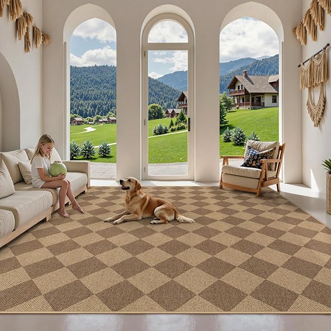 Lahome Checkered Easy Jute Rug, 9x12 Washable Dining Room Rug Indoor Outdoor Carpet, Farmhouse Neutral Non Slip Non Shedding Stain Resistance Floor Carpet for Patio Living Room Office