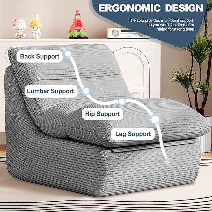 Misolant Bean Bag Chairs，Big Corduroy Fabric Sofa Bean Bag Chair for Adults and Teens with High-Resilience Sponge, Non-Slip Base Floor Lounge Sofa for Home, Living Room, Bedroom, Gaming Dark Gray