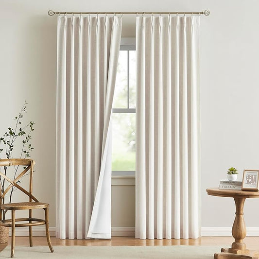 Vision Home Natural Pinch Pleated Full Blackout Curtains Linen Blended Room Darkening Window Curtains 63 inch for Living Room Bedroom Thermal Insulated Pinch Pleat Drapes with Hooks 2 Panel 40"Wx63"L