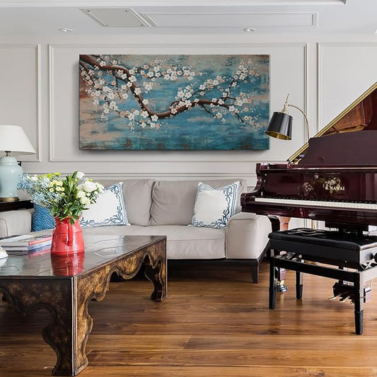 Large Canvas Wall Art for Living Room- 100% Hand-Painted Oil Painting with Texture, Extra Large Gallery Wrapped Floral Plum Blossom Tree Artwork Blue Teal Lake Wall Picture for Bedroom, Office Decor