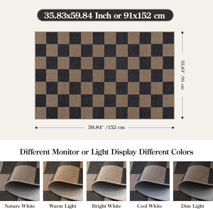 Lahome Checkered Easy Jute 3x5 Rug, Washable Rugs for Living Room Entryway Farmhouse Non Slip Black Outdoor Carpet, Checkerboard Indoor Door Mat for Entry Patio Deck