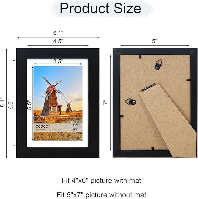 5x7 Picture Frame Set of 4, 5 x 7 Wood Photo Frames with Mat for 4x6, Wooden Frame with Real Glass Cover for Wall and Tabletop Display,Black