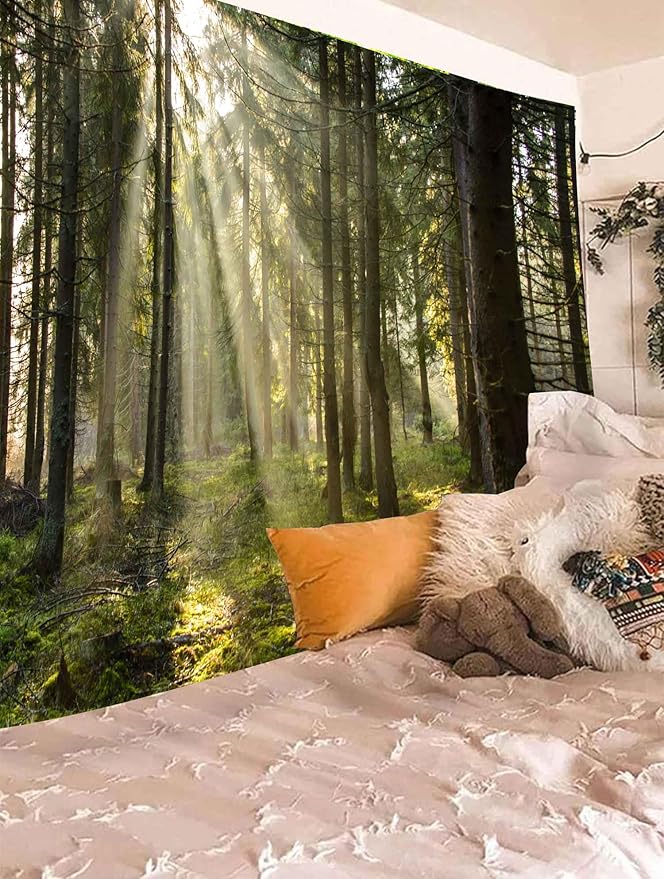 Onivein Forest Tapestry Nature Sunlight Streaming Through Green Trees Wall Hanging for Bedroom Living Room Office Decor 60 x 50 Inches
