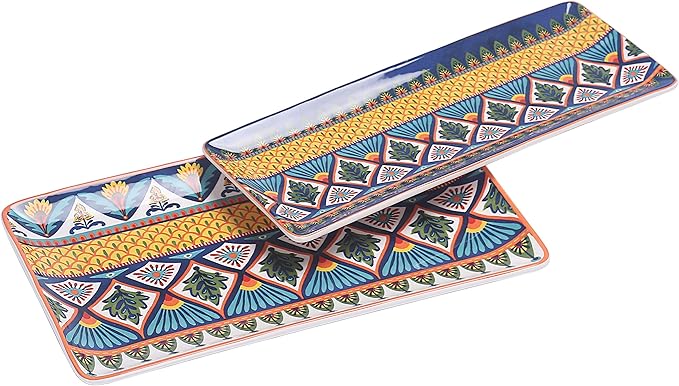 Bico Havana Ceramic 14 inch Rectangular Serving Platter, Set of 2, for Serving Salad, Pasta, Cheese, Ham, Appetizer, Microwave & Dishwasher Safe