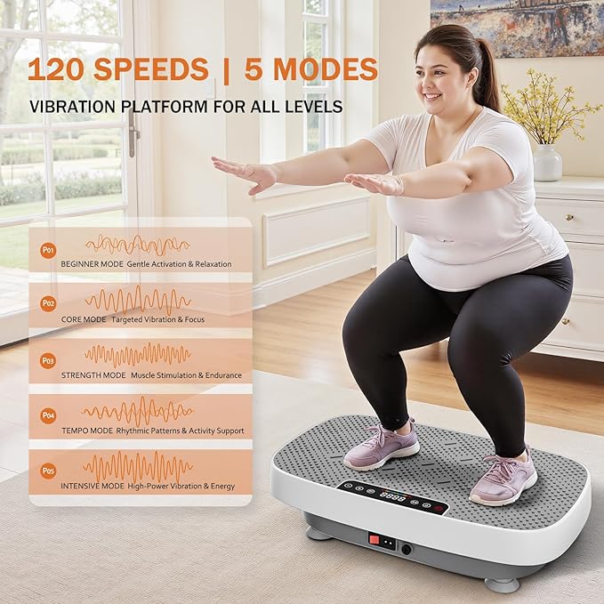 Vibration Plate Exercise Machine, Ultra-Quiet Vibration Plate for Lymphatic Drainage & Body Toning, Whole Body Vibration Platform with Bluetooth, Resistance Bands, Home Gyms Equipment