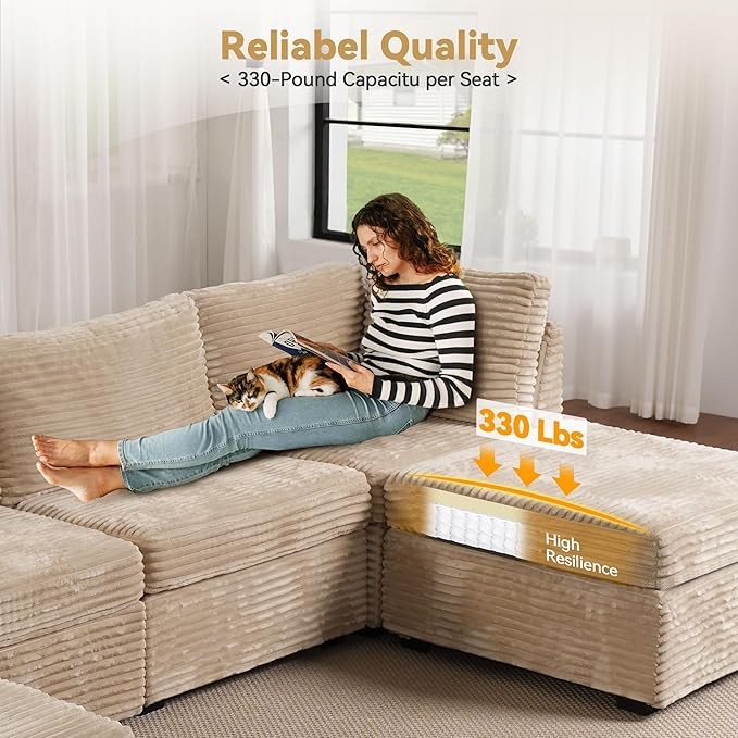 Modular Sectional Sofa, 130.7" L Shaped Couch Set for Living Room, 4-Seater Comfy Cloud Couches with Movable Ottoman, DIY Combination, Plush Corduroy, Beige