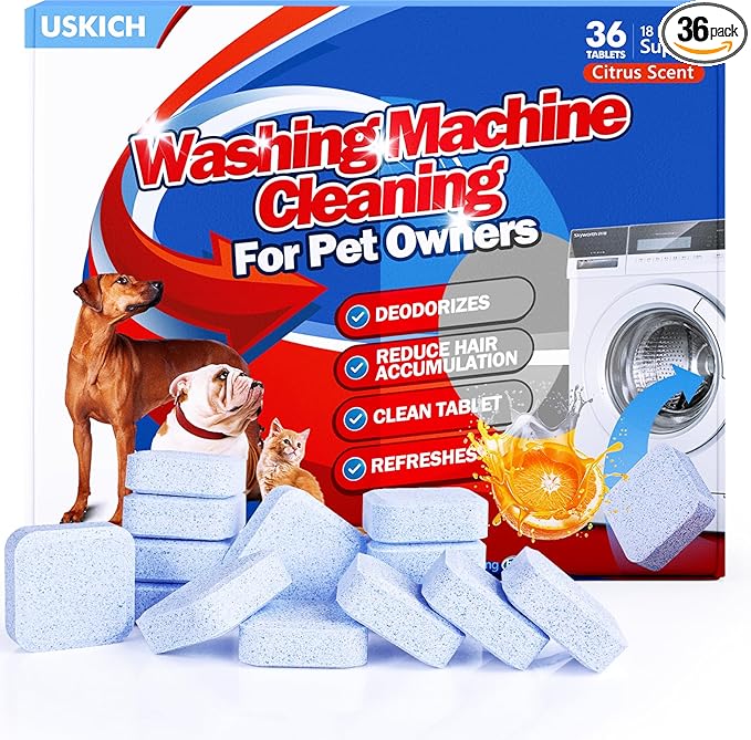 Washing Machine Cleaner-36Pack-18 Month Supply,Washer Machine Cleaner Tablets Formulated For Pet Owners,Easy Pet Hair Remover for Laundry,Compatible with HE, Top & Front Load Washer.Septic Safe