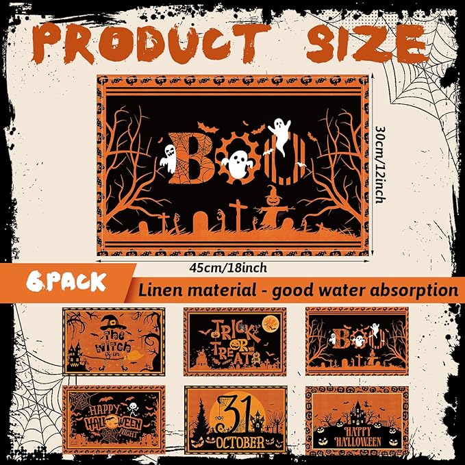 Umigy 6 Pcs Halloween Placemats 12"x18" Gothic Bat Placemats Kitchen Decoration Washable Witch Place Mats Rectangle Skull Table Mats for Halloween Dining Table Accessories(Black Orange Style)