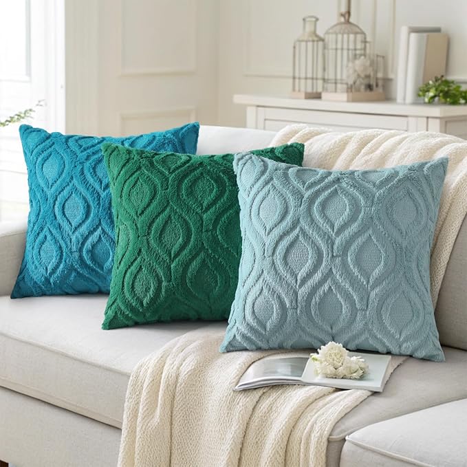 decorUhome Fall Throw Pillow Covers 24x24 Inch Set of 2, Soft Plush Decorative Faux Fur Turquoise Solid Couch Pillow Covers, Accent Farmhouse Neutral Square Euro Pillow Cases for Sofa Bed Living Room