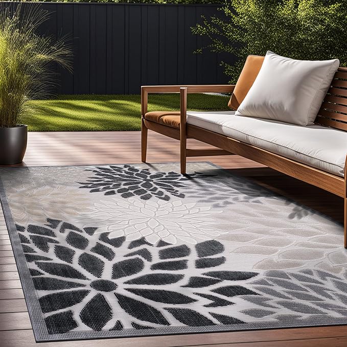 Beverly Rug Outdoor Rug 9x12 Large Modern Floral Tropical Area Rugs for Indoor and Outdoor Patio Easy to Clean Non Shedding Living Room Porch Garden Washable Outside Carpet (9 x 12 Beige)