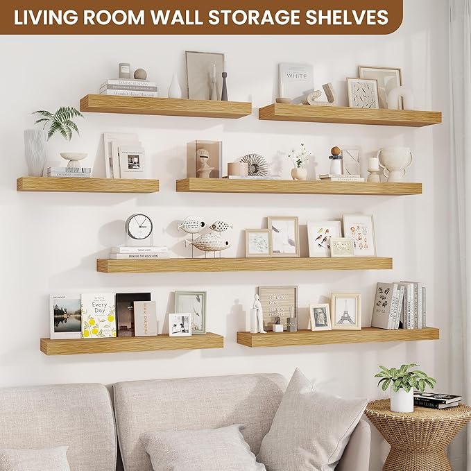 fuqing Floating Shelves for Wall, Bathroom Shelf Wall Mounted for Storage, Shelves with Invisible Bracket for Bedroom, Kitchen, Living Room, Farmhouse Small Book Shelf, 48 Inch Set of 2, Oak