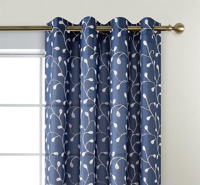 MIUCO Floral Embroidered Semi Sheer Curtains Faux Linen Grommet Curtains for Bedroom 52 x 84 Inch 2 Panels, Navy Blue