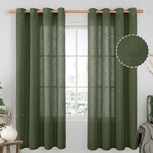 LAMIT Olive Green Linen Curtains 72 inches Long for Living Room, Soft Thick Semi Sheer Light Filtering Bronze Grommet Window Treatments Neutral Drapes for Bedroom, 2 Panels Set, 52 x 72 Inch